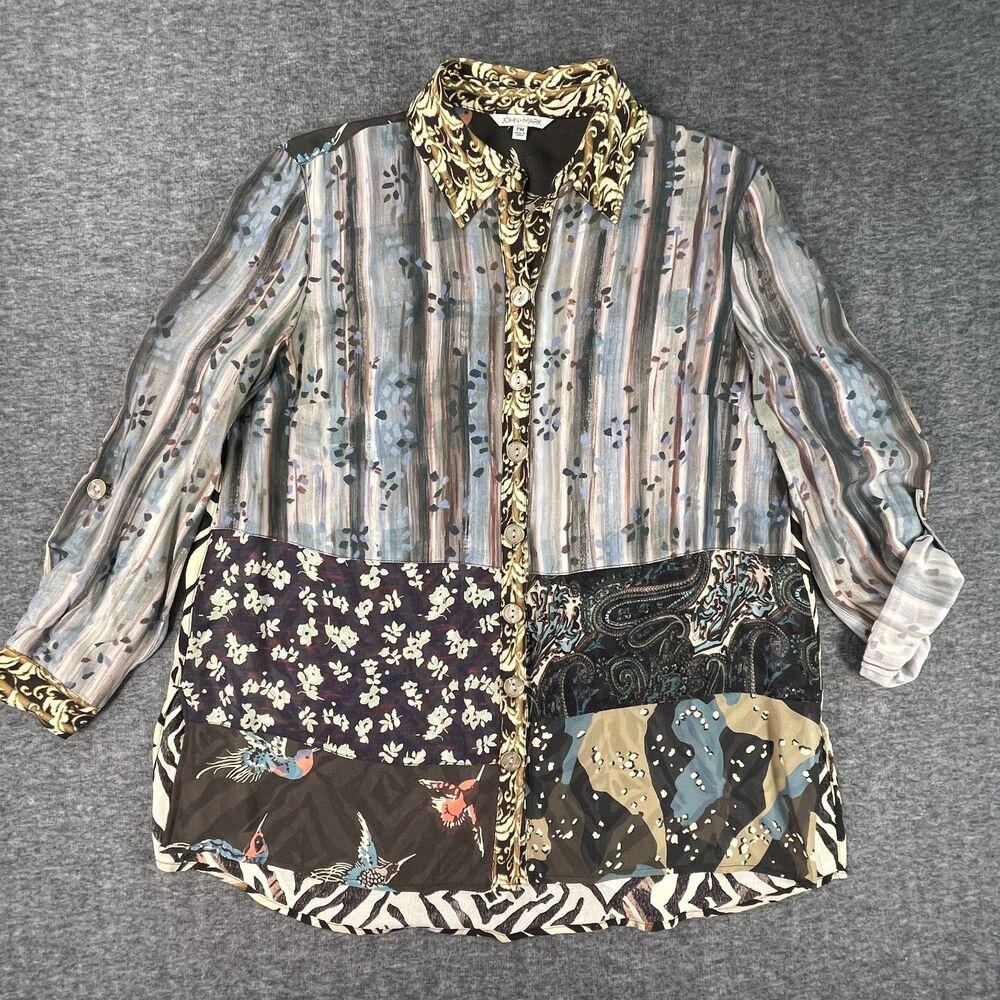 John Mark PM Mixed Print Patchwork Tunic Roll Tab Button Down Blouse Bird Artsy - Picture 9 of 14